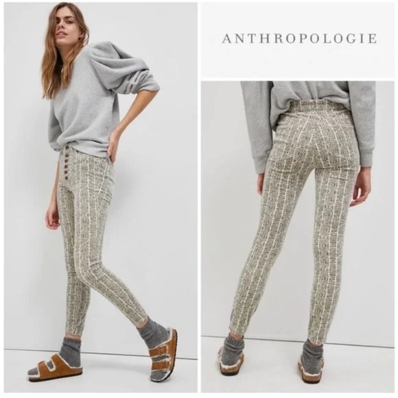 Anthropologie Pilcro Womens 32 Button Fly Printed Ivory High Rise Skinny Jeans - Picture 1 of 7